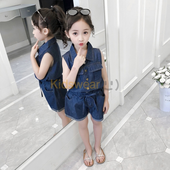 韓国 子供 服 セットアップ 綺麗め デニム 折り襟 ノースリーブ