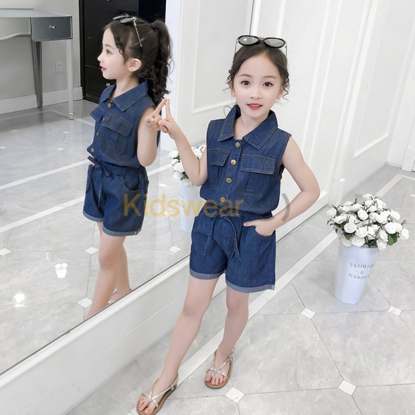 韓国 子供 服 セットアップ 綺麗め デニム 折り襟 ノースリーブ