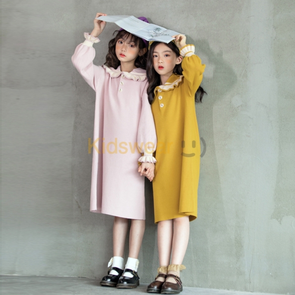 韓流スタイル レーヨン フリル 無地 ワイド ジュニア服 ロング ワンピース 子供服