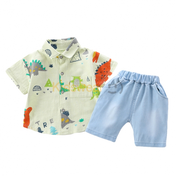 シャツ パンツ セット 可愛い 恐竜 折り襟 男の子 子供服